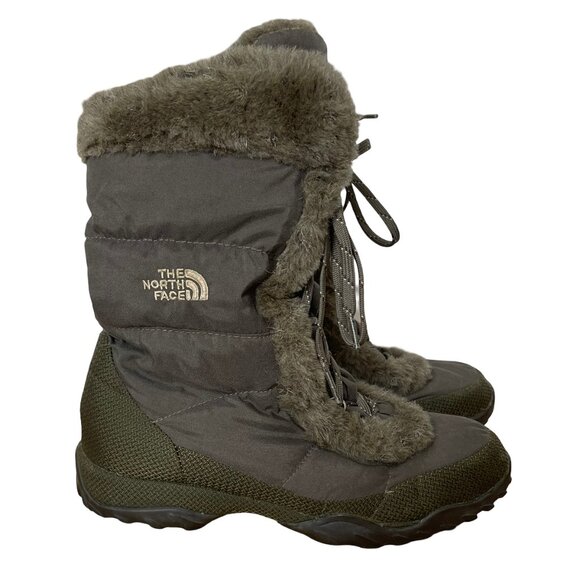 THE NORTH FACE Nuptse Down Boots Army Olive Green Lace Up Winter Women's Size 9 - Picture 1 of 13